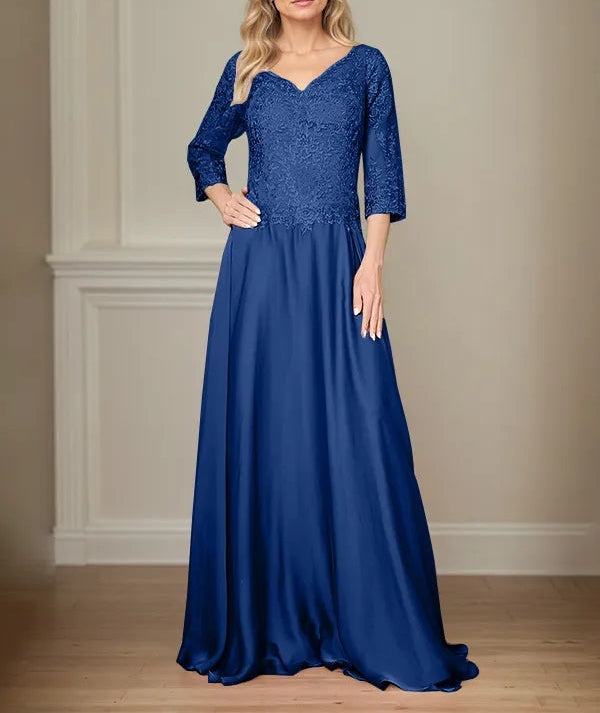 A Line Chiffon V Neck 3/4 Sleeves Floor-Length Mother Of The Bride Dress With Appliques