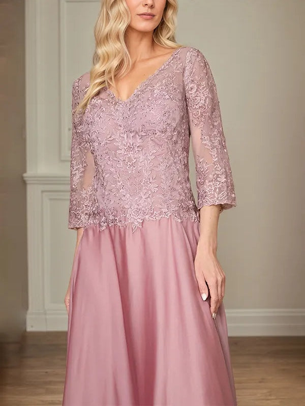 A Line Chiffon V Neck 3/4 Sleeves Floor-Length Mother Of The Bride Dress With Appliques