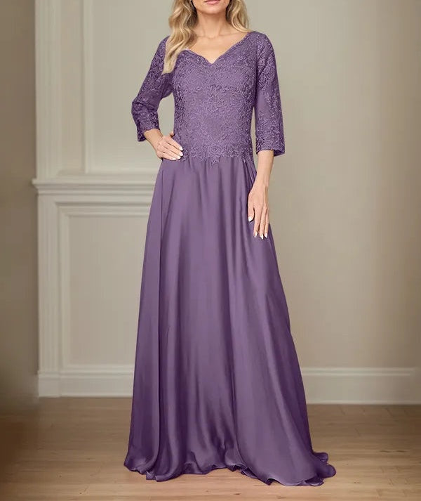 A Line Chiffon V Neck 3/4 Sleeves Floor-Length Mother Of The Bride Dress With Appliques