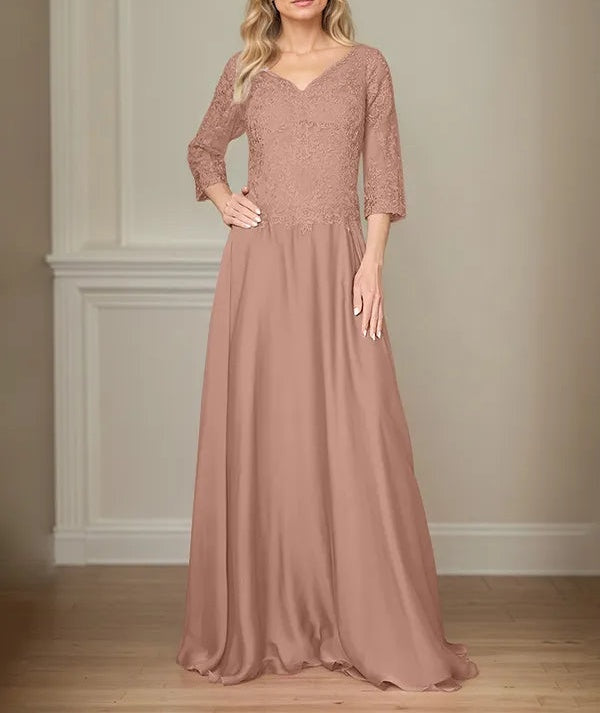 A Line Chiffon V Neck 3/4 Sleeves Floor-Length Mother Of The Bride Dress With Appliques