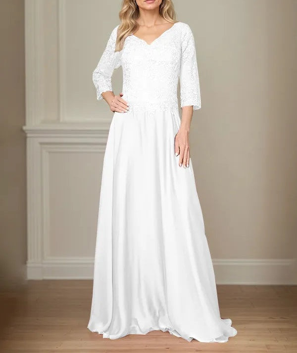A Line Chiffon V Neck 3/4 Sleeves Floor-Length Mother Of The Bride Dress With Appliques