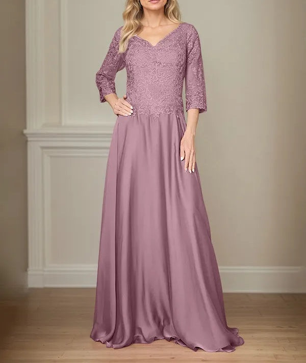A Line Chiffon V Neck 3/4 Sleeves Floor-Length Mother Of The Bride Dress With Appliques