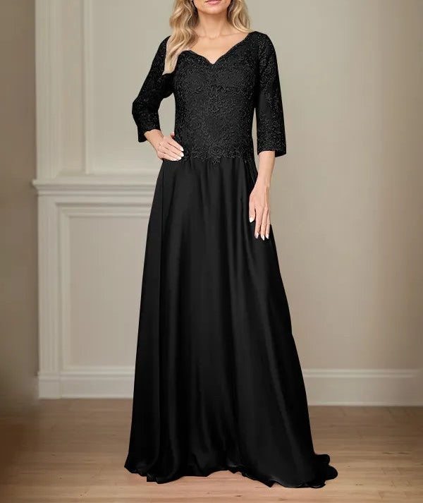 A Line Chiffon V Neck 3/4 Sleeves Floor-Length Mother Of The Bride Dress With Appliques
