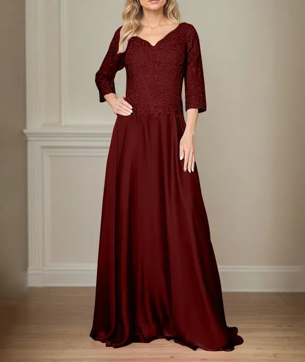 A Line Chiffon V Neck 3/4 Sleeves Floor-Length Mother Of The Bride Dress With Appliques