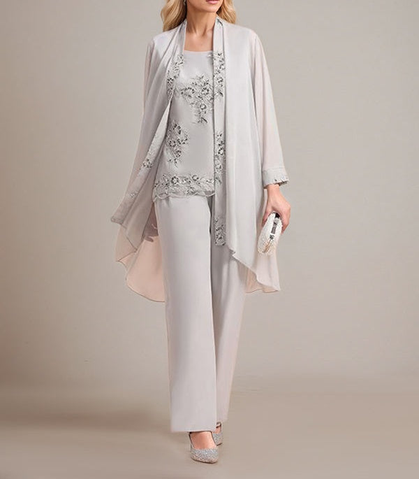 Elegant Sleeveless Appliques Silver Chiffon Mother of Bride Jumpsuit with Wrap