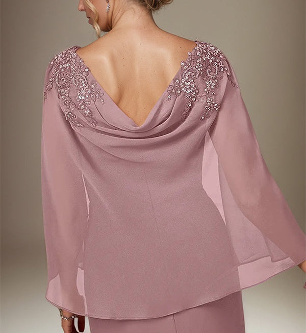 Mauve Sheath/Column Chiffon Bateau Neck Cape Sleeves Knee Length Dress