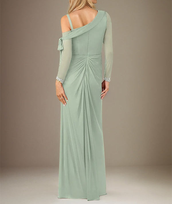 Sage Sheath/Column Chiffon One Shoulder Long Sleeves Floor Length Dress With Slit