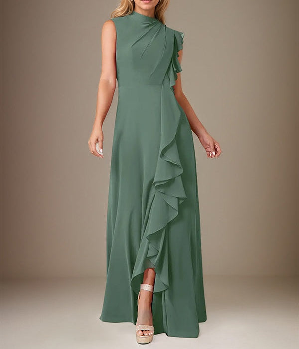 Eucalyptus A Line Chiffon High Neck Sleeveless Floor Length Dress With Cascading Ruffles