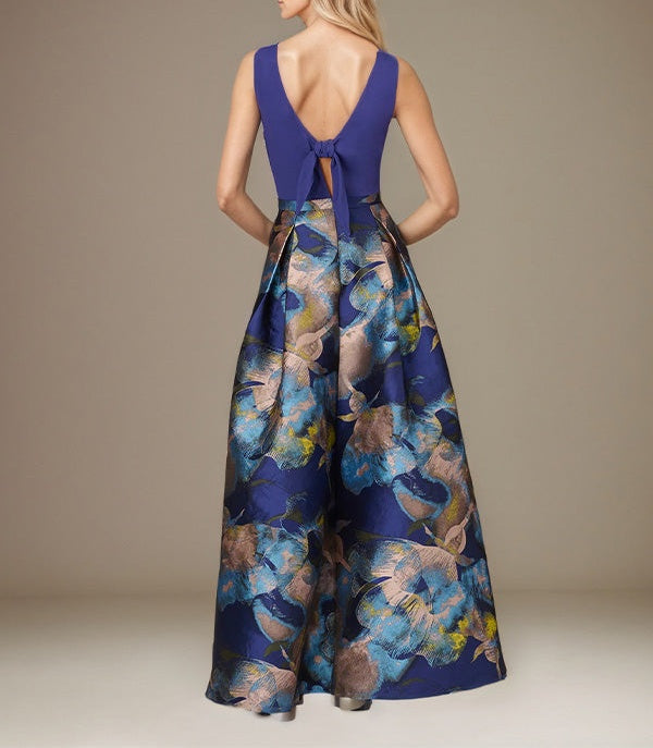 Royal Blue A Line Satin Jewel Neckline Sleeveless Floor Length Floral Dress
