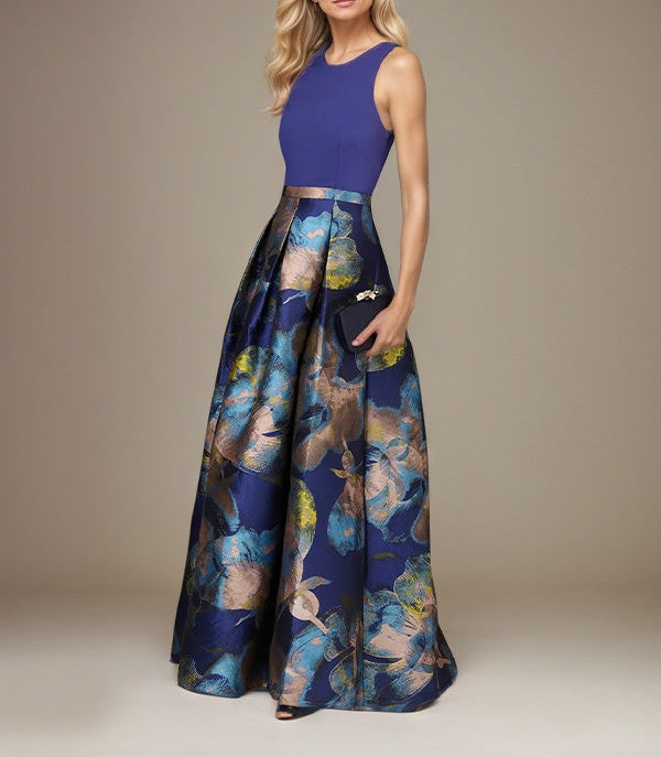 Royal Blue A Line Satin Jewel Neckline Sleeveless Floor Length Floral Dress