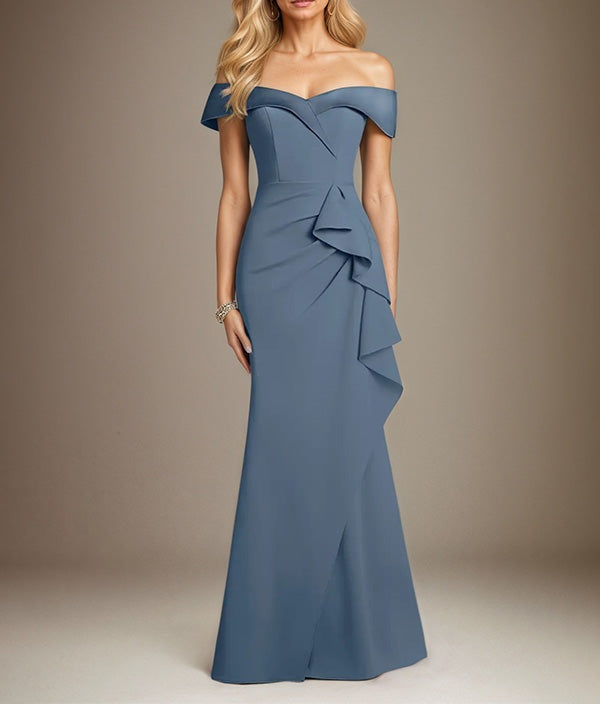 Steel Blue Trumpet/Mermaid Stretch Crepe Off The Shoulder Sleeveless Floor Length Dress