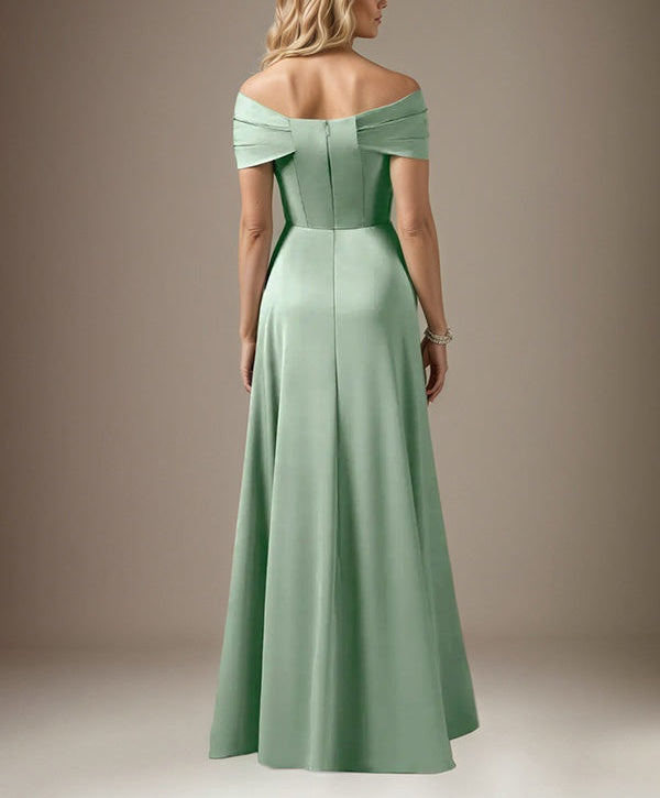 Mist Blue A Line Satin Off The Shoulder Sleeveless Floor Length Dress