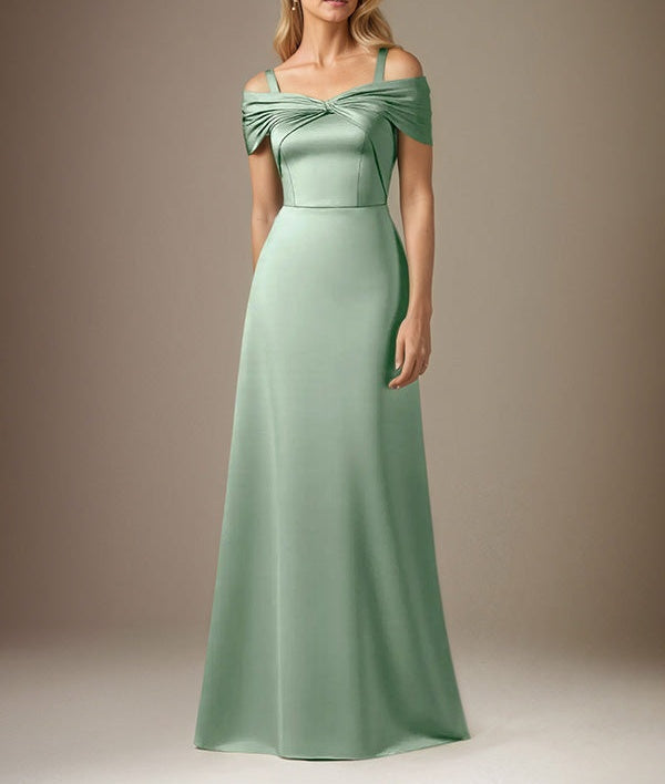Mist Blue A Line Satin Off The Shoulder Sleeveless Floor Length Dress