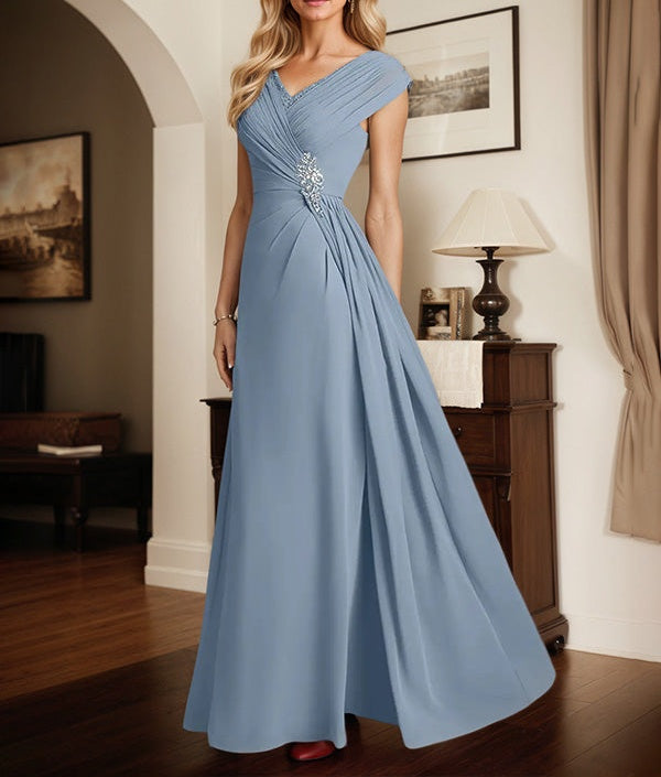 A Line Dusty Blue V Neck Short Sleeves Floor Length Dress With Sequins