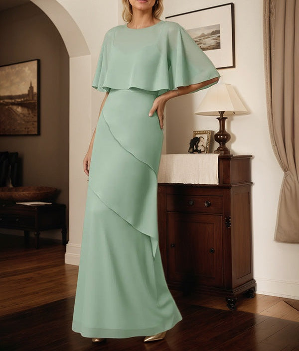 A Line Sage Chiffon Scoop Neck Cape Sleeves Floor Length Dress