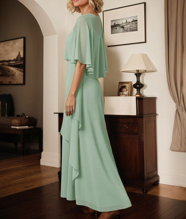 A Line Sage Chiffon Scoop Neck Cape Sleeves Floor Length Dress