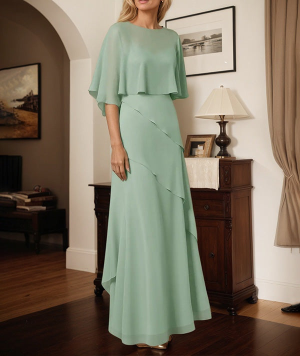 A Line Sage Chiffon Scoop Neck Cape Sleeves Floor Length Dress