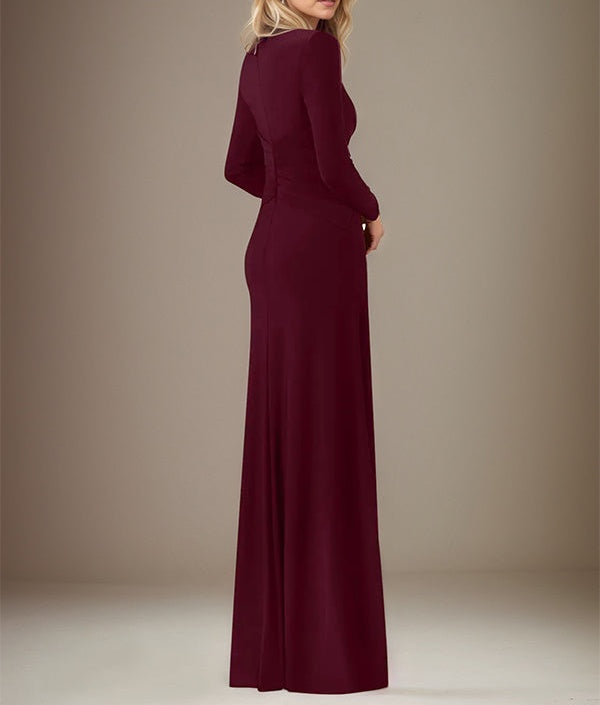 A Line Cabernet Stretch Crepe Scoop Neck Long Sleeves Floor Length Dress