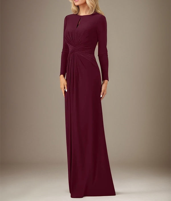A Line Cabernet Stretch Crepe Scoop Neck Long Sleeves Floor Length Dress