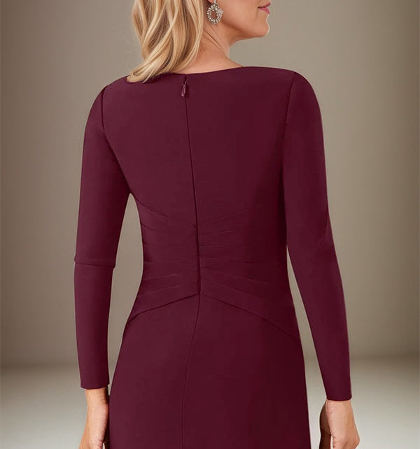 A Line Cabernet Stretch Crepe Scoop Neck Long Sleeves Floor Length Dress
