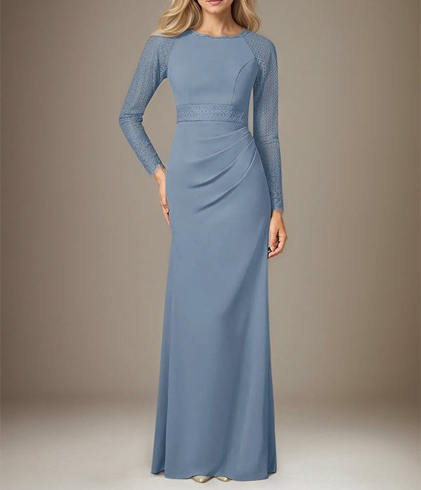 Dusty Blue Stretch Crepe Boat Neck Long Sleeves Floor Length Dress