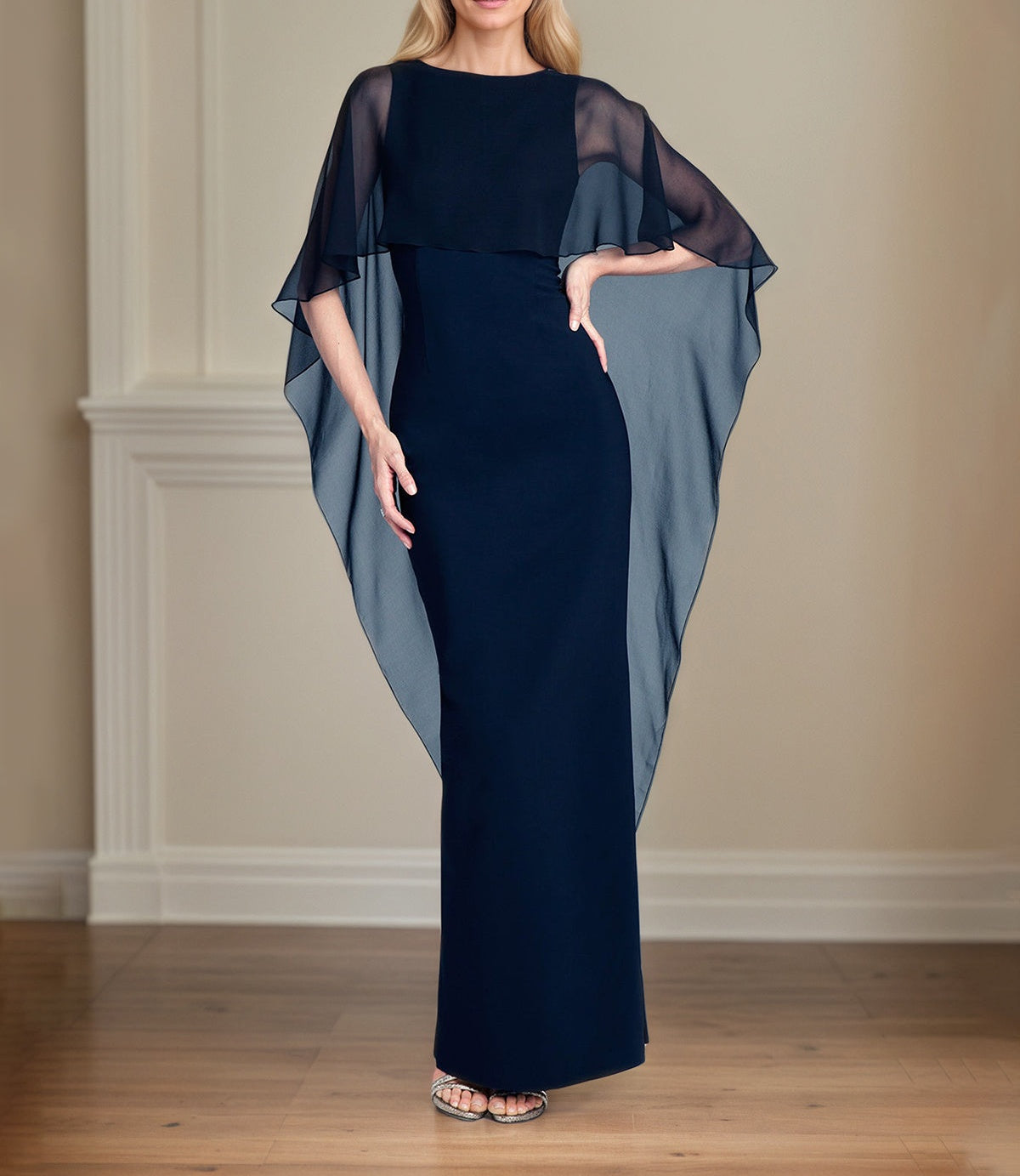 Navy Chiffon Sheath/Column Scoop Neck Floor Length Mother of the Bride Dresses