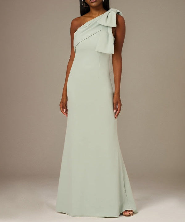 A Line Sage Chiffon One Shoulder Sleeveless Floor Length Dress With Bow