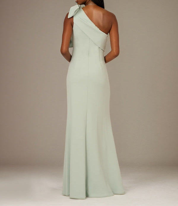 A Line Sage Chiffon One Shoulder Sleeveless Floor Length Dress With Bow