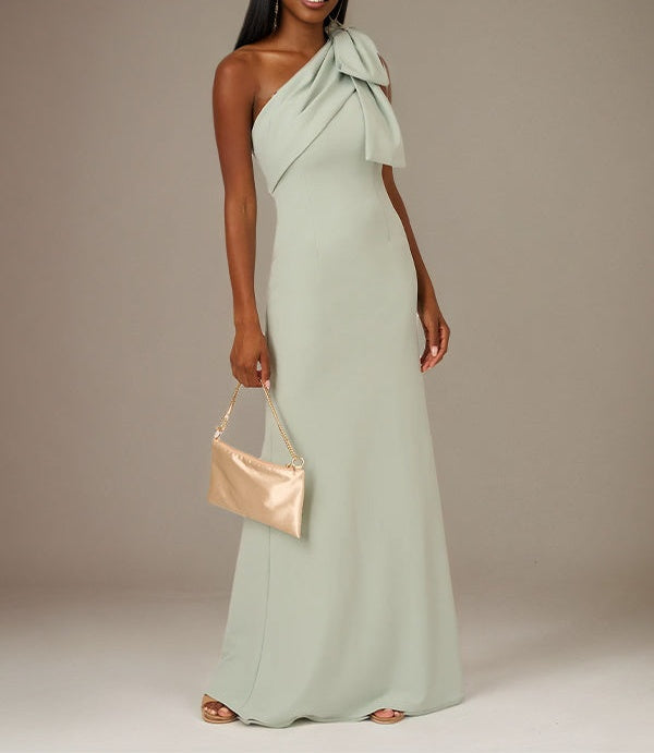 A Line Sage Chiffon One Shoulder Sleeveless Floor Length Dress With Bow