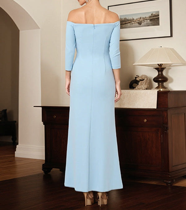 Sky Blue Chiffon Off the Shoulder 3/4 Sleeves Ankle Length Mother of the Bride Dress