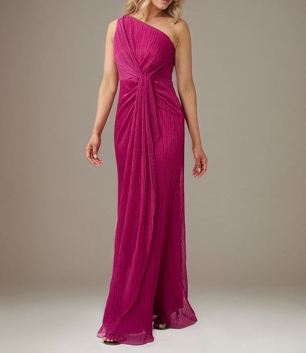 Fuchsia Chiffon One Shoulder Sleeveless Floor Length Pleated Dress