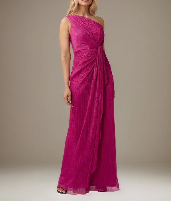 Fuchsia Chiffon One Shoulder Sleeveless Floor Length Pleated Dress