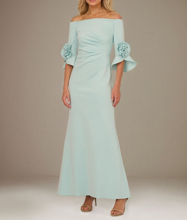 Mint Green A Line Stretch Crepe Off the Shoulder 1/2 Sleeves Ankle Length Dress With Rose