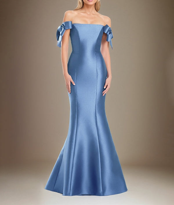 Trumpet/Mermaid Off The Shoulder Floor Length Satin Mother Of The Bride Dress With Bow Sleeves