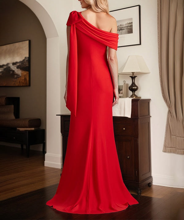 Red Sheath/Column One Shoulder Floor Length Mother of the Bride Dress With Bow