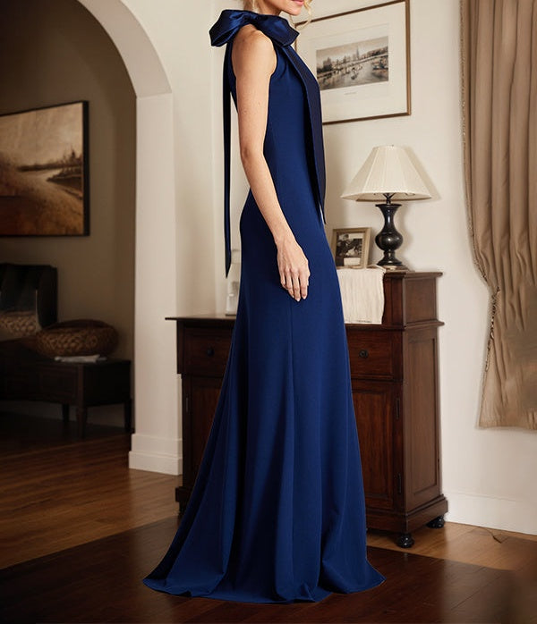 Royal Blue Sheath/Column Halter Neck Floor Length Mother of the Bride Dress With Bow