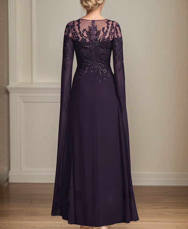 Sheath/Column Scoop 1/2 Sleeve Floor-Length Lace Chiffon Mother of the Bride Dress With Sequins