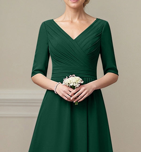 Dark Green A-line V-Neck Tea-Length Chiffon Mother of the Bride Dress With Pleated