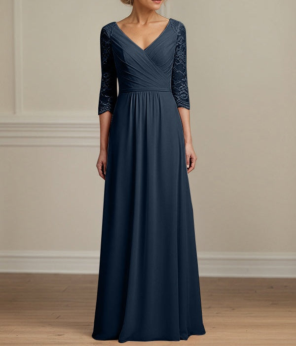 Dark Navy A-line V-Neck Floor-Length Lace Chiffon Mother of the Bride Dress With Pleated