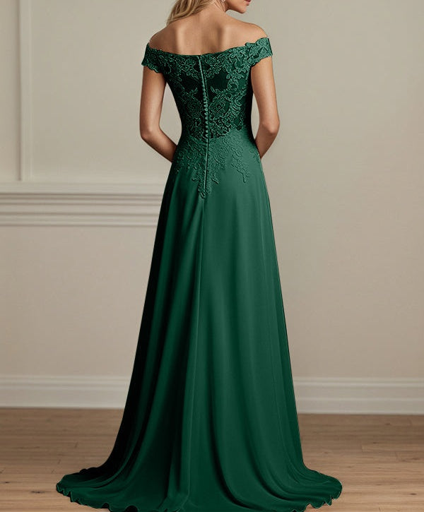 Dark Green A Line Off The Shoulder Chiffon Mother Of The Bride Dress With Appliques