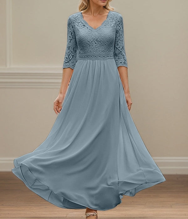 Dusty Blue A Line V-Neck Lace Chiffon Mother Of The Bride Dress With Appliques