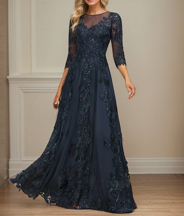 A-line Scoop Illusion Floor-Length Tulle Lace Mother of the Bride Dress With Sequins