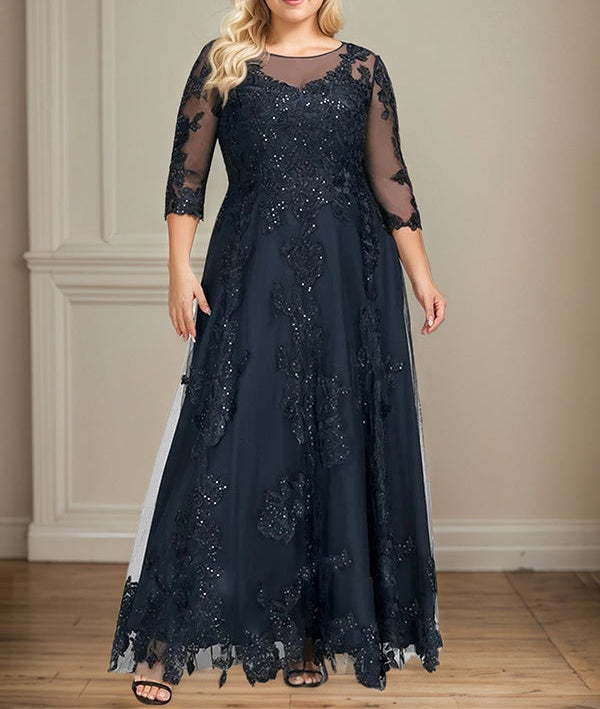 A-line Scoop Illusion Floor-Length Tulle Lace Mother of the Bride Dress With Sequins