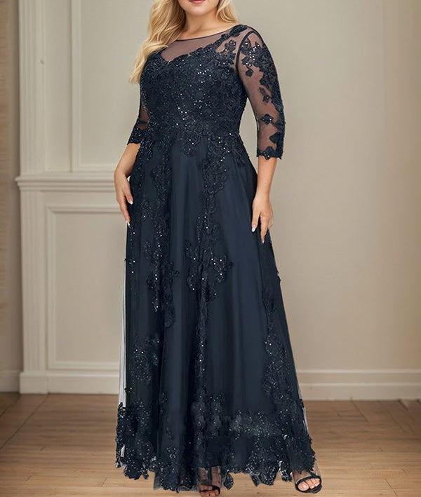 A-line Scoop Illusion Floor-Length Tulle Lace Mother of the Bride Dress With Sequins