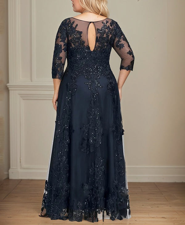 A-line Scoop Illusion Floor-Length Tulle Lace Mother of the Bride Dress With Sequins