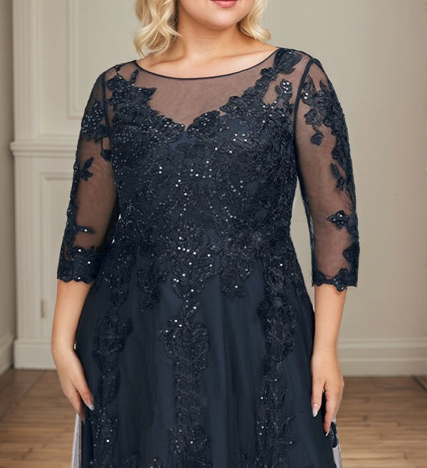 A-line Scoop Illusion Floor-Length Tulle Lace Mother of the Bride Dress With Sequins