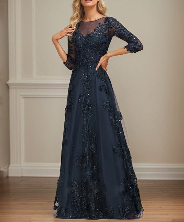A-line Scoop Illusion Floor-Length Tulle Lace Mother of the Bride Dress With Sequins