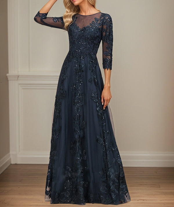 A-line Scoop Illusion Floor-Length Tulle Lace Mother of the Bride Dress With Sequins