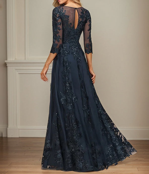A-line Scoop Illusion Floor-Length Tulle Lace Mother of the Bride Dress With Sequins