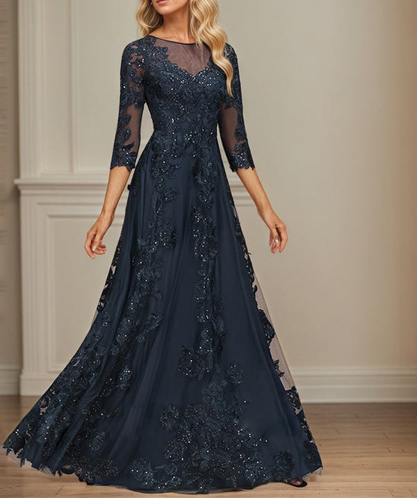 A-line Scoop Illusion Floor-Length Tulle Lace Mother of the Bride Dress With Sequins
